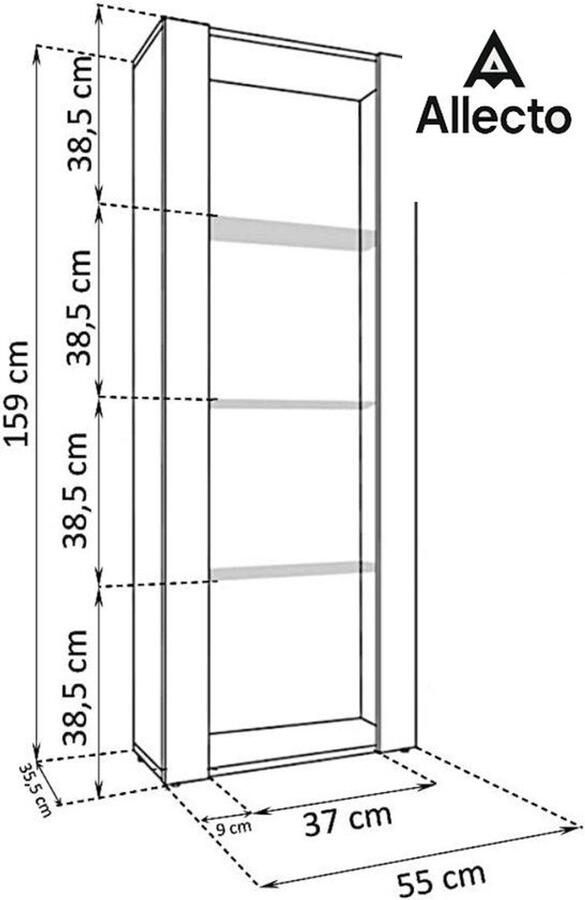 Allecto Vitrinekast met LED Verlichting Tivoli Kast Zwart Zwart Breedte 55cm x Hoogte 159cm x Diepte 35cm Blauwe LED 3 Planken Voor Woonkamer Slaapkamer Hal