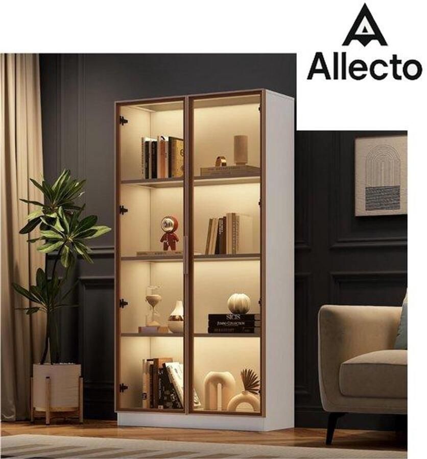 Allecto Vitrinekast met LED Verlichting Vitrinekast met 16 kleuren LED verlichting Vitrinekast met dubbele deuren met verplaatsbare planken 80 x 40 x 160 cm Hoge kast voor woonkamer Staande Vitrinekast