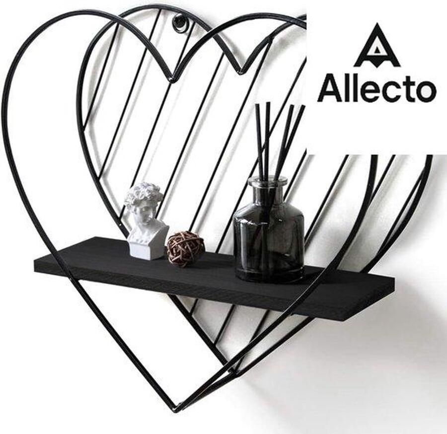 Allecto Wandplank Metaal Zwart Hout Zwevende planken Hart Industrieel Plank Wanddecoratie Slaapkamer Badkamer Familiecadeau 28X30 cm