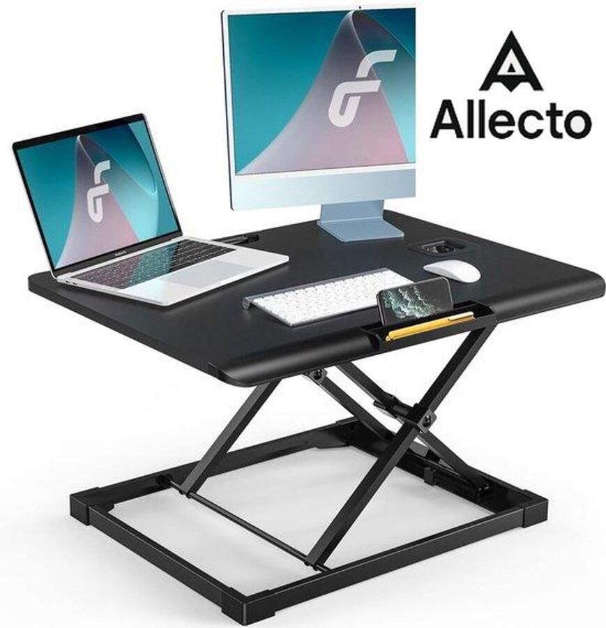 Allecto Zit-sta bureau in hoogte verstelbaar sta-bureau tafelblad met telefoonhouder 65x50cm ergonomisch computerbureau draagbaar voor thuiskantoor zwart