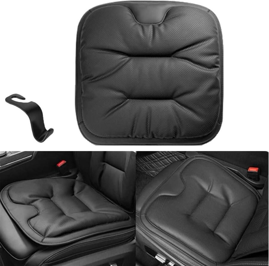 Allecto Plus Autostoelkussen van Premium Nappaleer voor Comfortabel Zitten Ademend Autokussen voor Bestuurder Universeel Zitkussen voor Auto SUV en Vrachtwagen Voor Bureaustoel Rolstoel incl. 1 Autostoelhaak Zwart