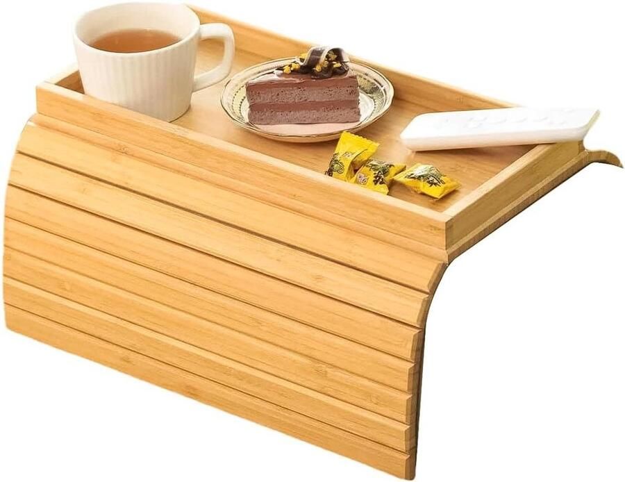 Allecto Plus Bamboe Sofa Dienbladtafel met armleuningen en antislip achterkant Verstelbare bijzettafel voor drankjes snacks afstandsbediening en tijdschriften Modern woonaccessoire voor jouw interieur