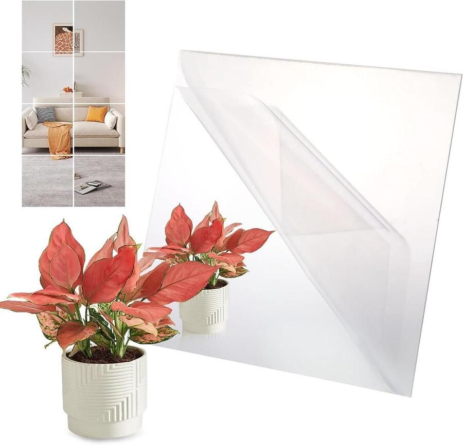 Allecto Premium 8 zelfklevende spiegeltegels acrylspiegel plakspiegel 15 x 15 cm doe-het-zelf spiegelfolie slaapkamer kast badkamer woonkamer