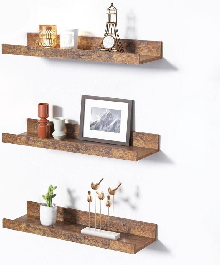 Allecto premium Zwevende wandplank set van 3 stuks in wit met bruine beugels