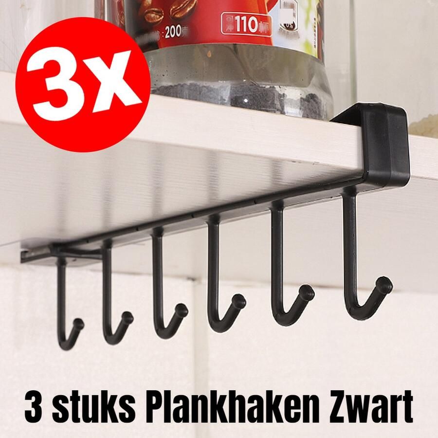 Allernieuwste.nl 3 STUKS Keuken Opbergrek Keukengerei Ophanghaken Plankhaken Kopjesrek Hangrek Bekerhaken Kledingkast Haken 27 x 7 cm 3 STUKS Zwart