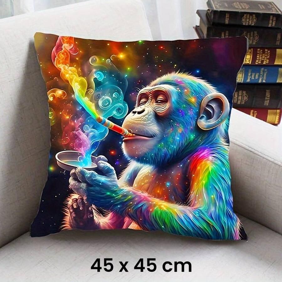 Allernieuwste.nl Kussen Kussenhoes Blowende Aap Polyester Peach Skin Perzikhuid Bank Decoratie Kussenovertrek Rokende Aap Kleur 45 x 45 cm