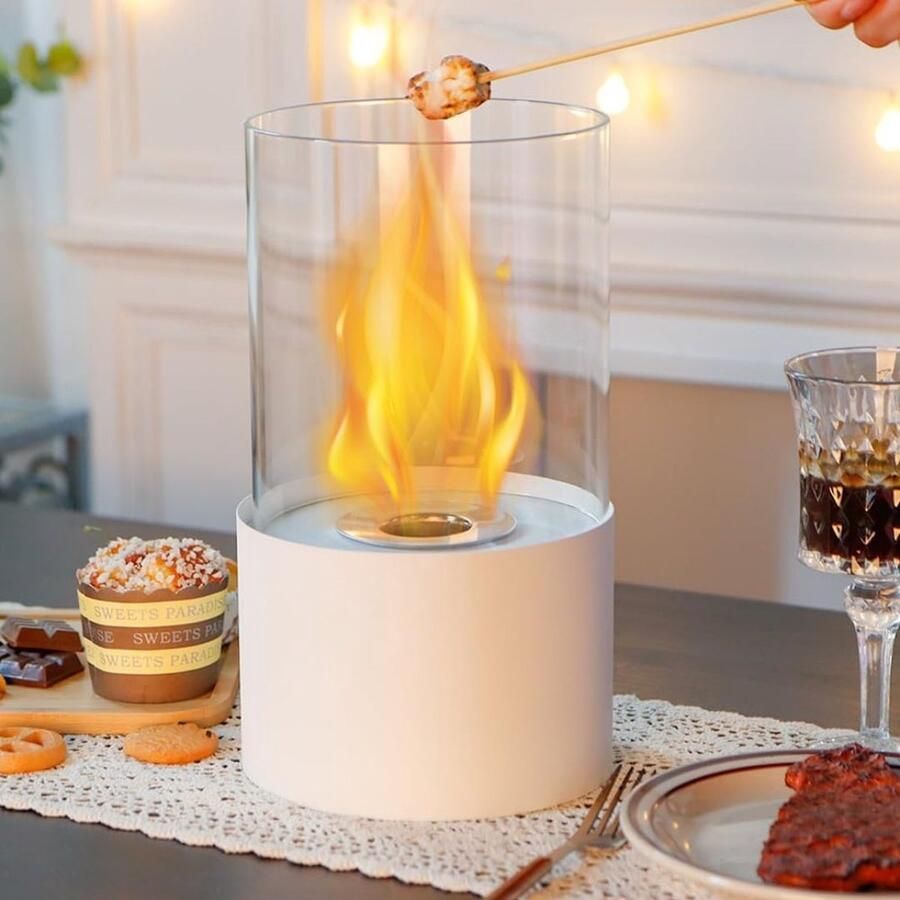 ALLGoods. Gaslantaarn Buiten Tafelmodel Tafelhaard 16.5D x 16.5B x 29.2Hcm Metaal Sfeerhaard Buiten of Binnen Oneindige Branduren Gas Lantaarn Vuurtafel Wit