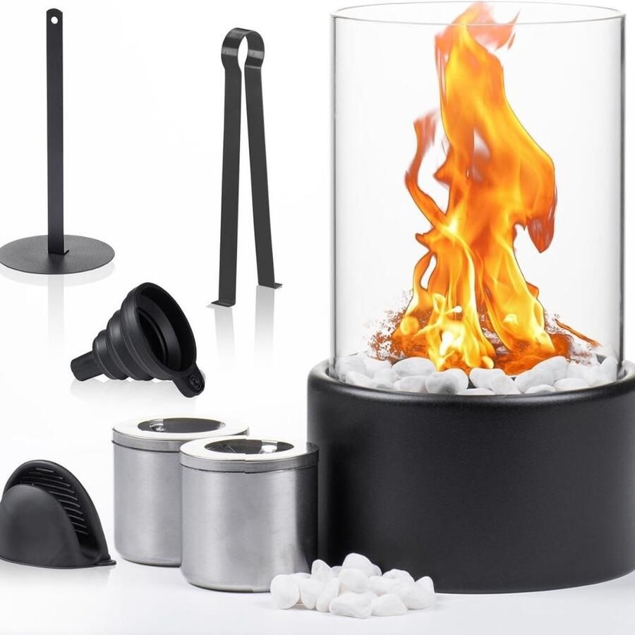 ALLGoods. Gaslantaarn Buiten Tafelmodel Tafelhaard 16D x 16B x 27Hcm RVS Sfeerhaard Buiten of Binnen Oneindige Branduren Gas Lantaarn Vuurtafel Zwart