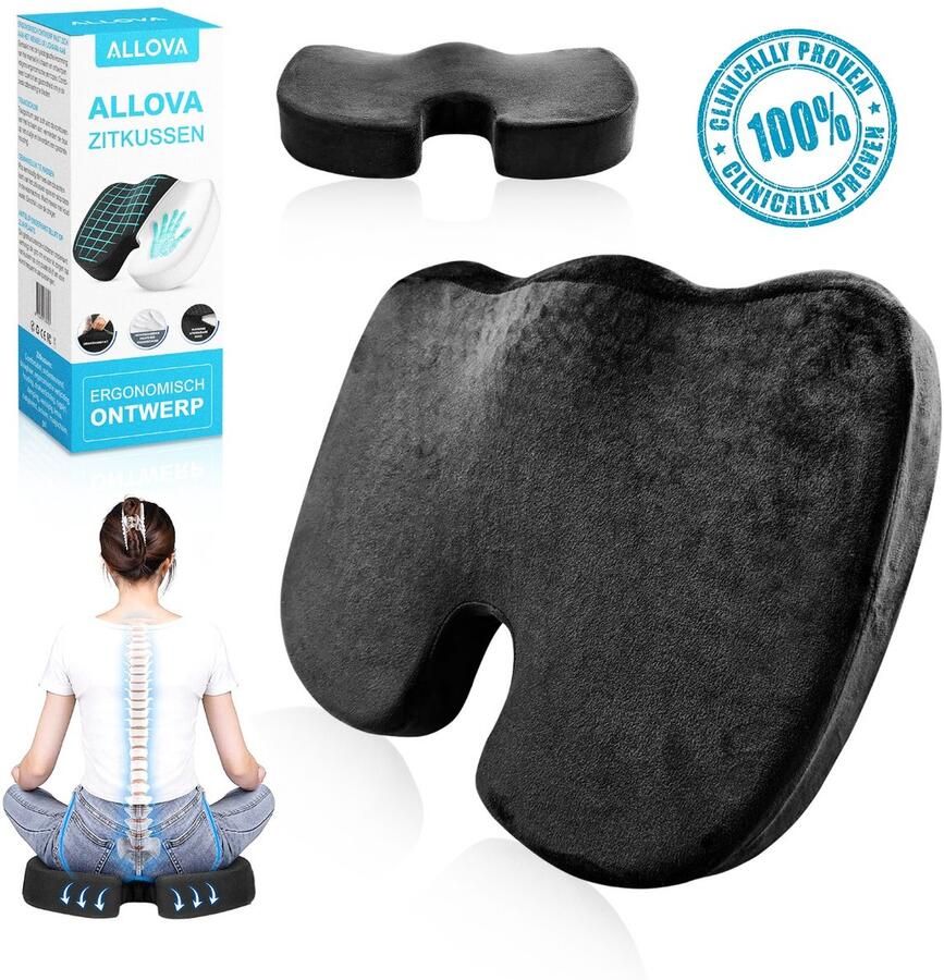 Allova Stuitkussen Premium Orthopedisch & Ergonomisch Suitkussen Wigkussen Auto Zit Kussen Zitkussens Donut Ringkussen Anti-slip bodem Bureaustoel Zwart