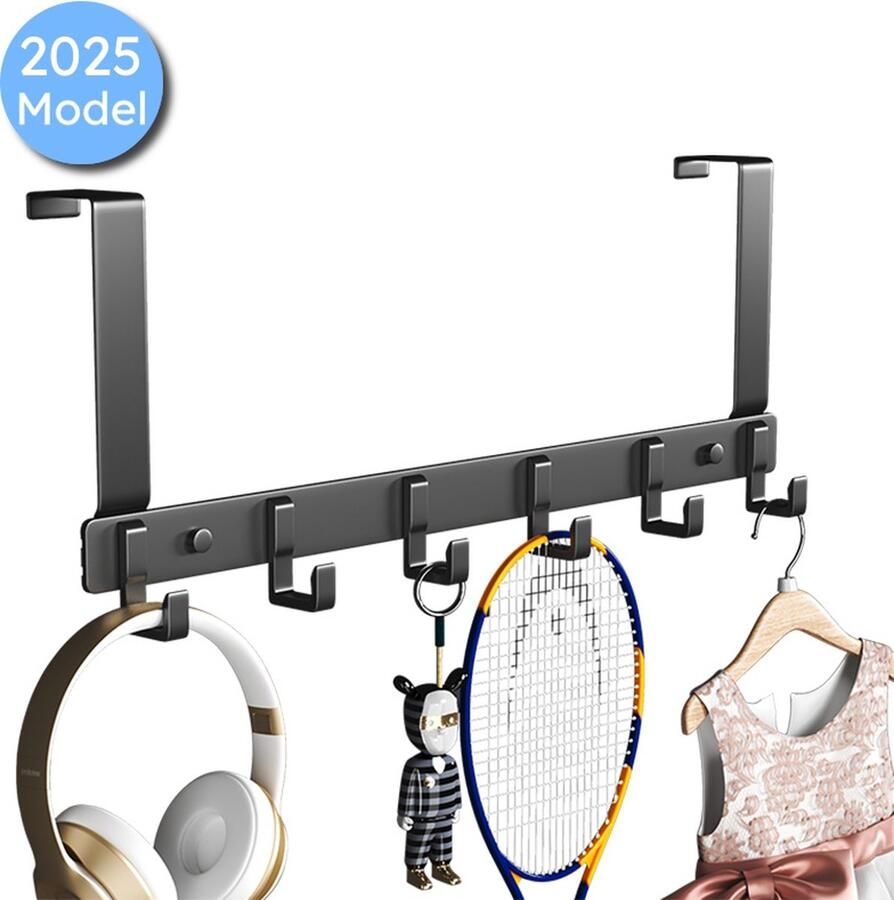 AlluraGoods Deurkapstok Zwart – Deurhaak met 6 Haken – Ideaal voor Badkamer Opdekdeur – Over-Deur Kapstokken