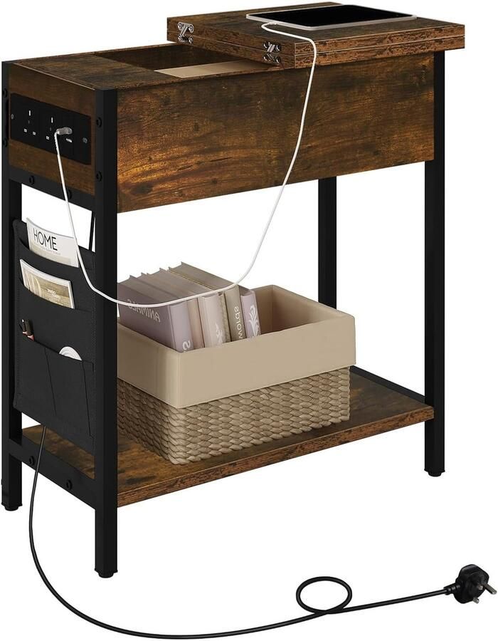 ALM Living Bijzettafel met Stopcontact Koffietafel Sofa Tafel met Oplaadstation Nachtkastje met Opklapbaar Tafelblad & Opbergvak 2 USB Poorten + 2 Stopcontacten Rustiek Bruin