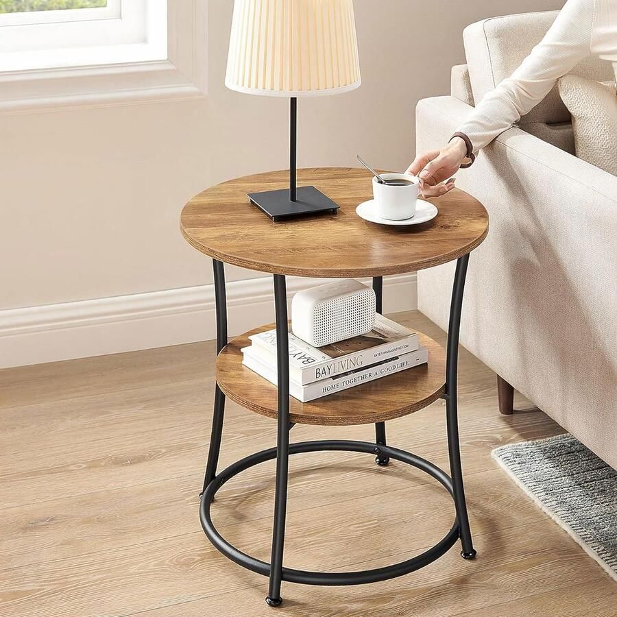 ALM Living Bijzettafel salontafel rond banktafel 2 planken woonkamer slaapkamer eenvoudige montage stalen frame industrieel design Rustiek hazelnootkleurig