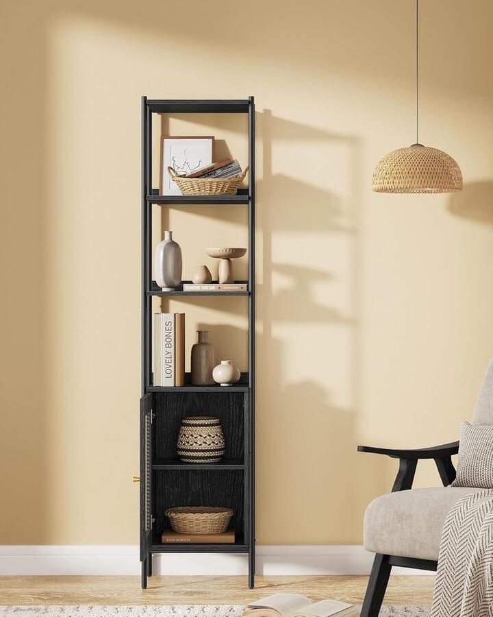 ALM Living Boekenkast met 6 niveaus hoge plank staande plank deur met rotanlook Boho-stijl metalen frame verstelbare plank voor woonkamer ebbenhout-matzwart