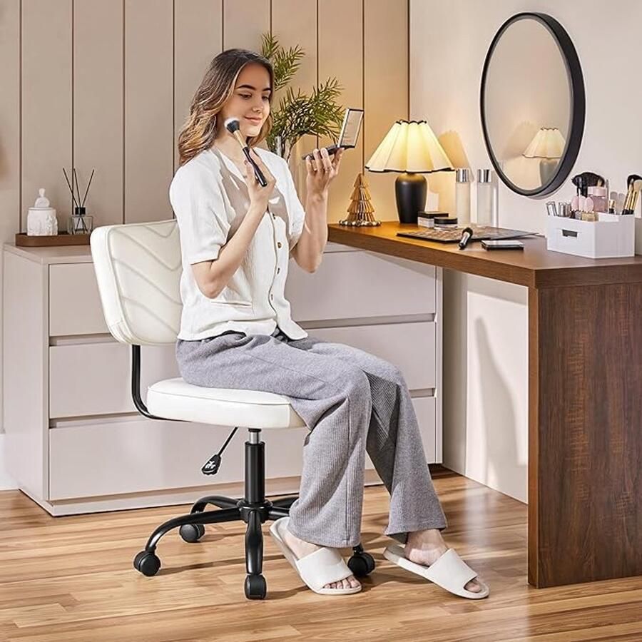 ALM Living Bureaustoel met verstelbare zithoogte 360 graden draaibaar kunstleer stoel met wieltjes voor make-uptafel kantoor of woonkamer – wit