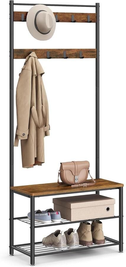 ALM Living garderobe kapstok met schoenendragers industrieel ontwerp schoenendrager met zitje voor de hal met haken 3 schappen gemaakt van hout en metaal vintage donkerbruine