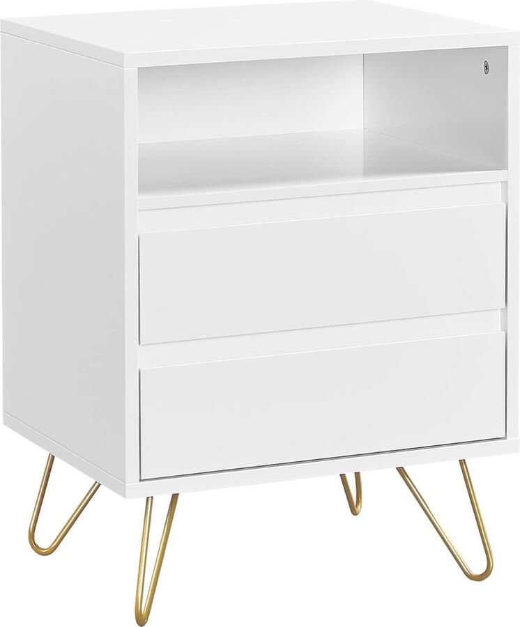 ALM Living Nachtkastje met 2 laden en 1 opbergvak bijzettafel met metalen poten voor het opbergen wit 50 x 40 x 61 cm