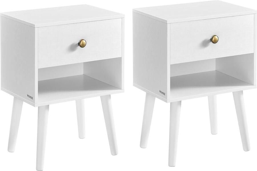 ALM Living Nachtkastje set van 2 bijzettafel met lade en open plank houten poten salontafel voor woonkamer slaapkamer bank sneeuwwit