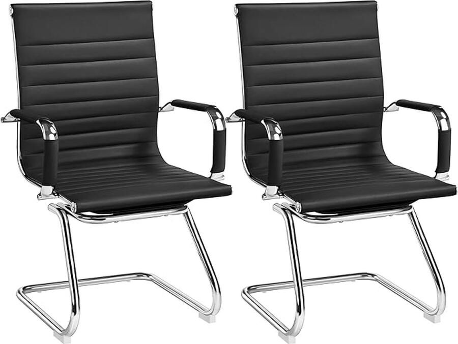 ALM Living Set van 2 zwarte eetkamerstoelen – keukenstoelen – bezoekersstoelen – PU leer – met armleuningen – chroom cantilever frame – conferentiestoelen – woonkamer – slaapkamer