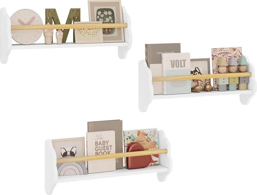 ALM Living Set van 3 Wandrekken voor Kinderboeken – Kinderkamer Boekenrek van MDF – Wit – Opslag voor Kinderboeken en Speelgoed Wit
