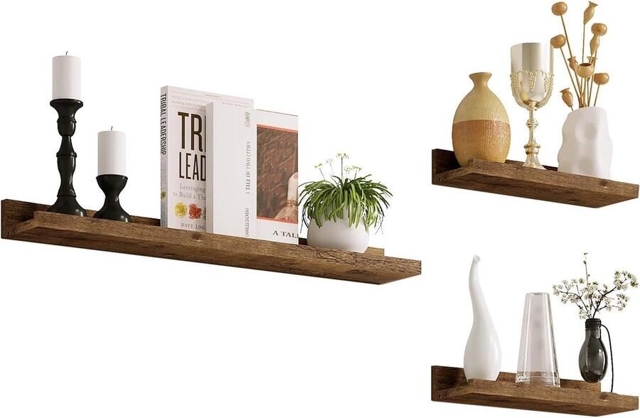 ALM Living Wandplanken Set van 3 – Zwevende Fotoplanken 60 cm – Vintage Bruin – Muurplank voor Fotolijsten Boeken & Decoratie – MDF Hout – Met Opstaande Rand – Max. 5 kg per Plank