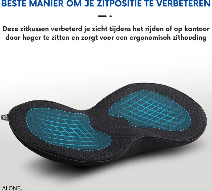 Alone Ergonomisch 2-in-1 Zitkussen – Ondersteuning voor Rug & Zitvlak Autowigkussen autostoelkussen van traagschuim pijnverlichting zitverbetering stoelverhoger voor volwassenen voor auto bureaustoel (zwart)
