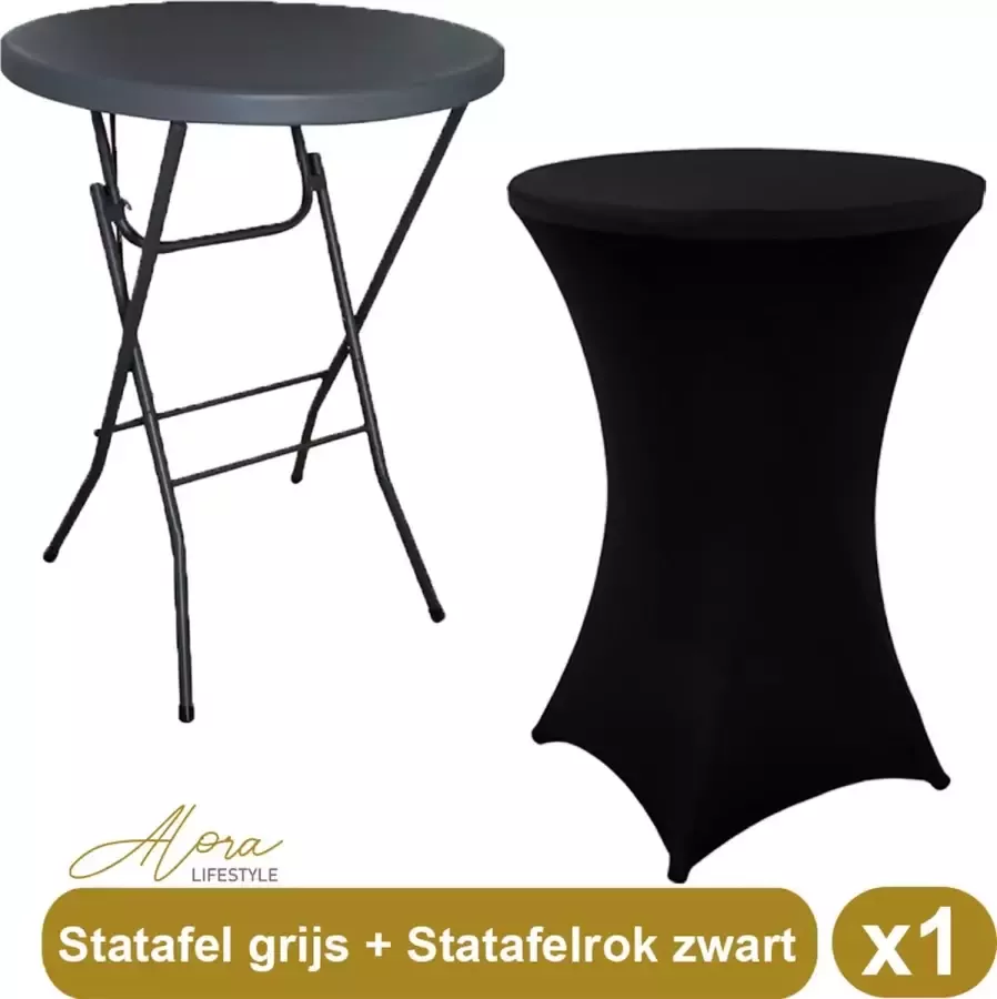 Alora 1x Grijze Statafel + Zwarte Statafelrok x 1 – ø80 cm x 110 cm hoog – Cocktailtafel – Hoge staan tafel – Breed Blad – Inclusief zwarte Statafelhoes – Staantafelrok Stretch Rok