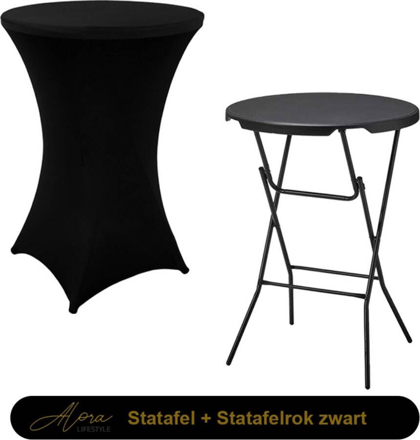 Alora 1x Zwarte Statafel + Zwarte Statafelrok x 1 – ø80 cm x 110 cm hoog – Cocktailtafel – Hoge staan tafel – Breed Blad – Inclusief zwarte Statafelhoes – Staantafelrok Stretch R