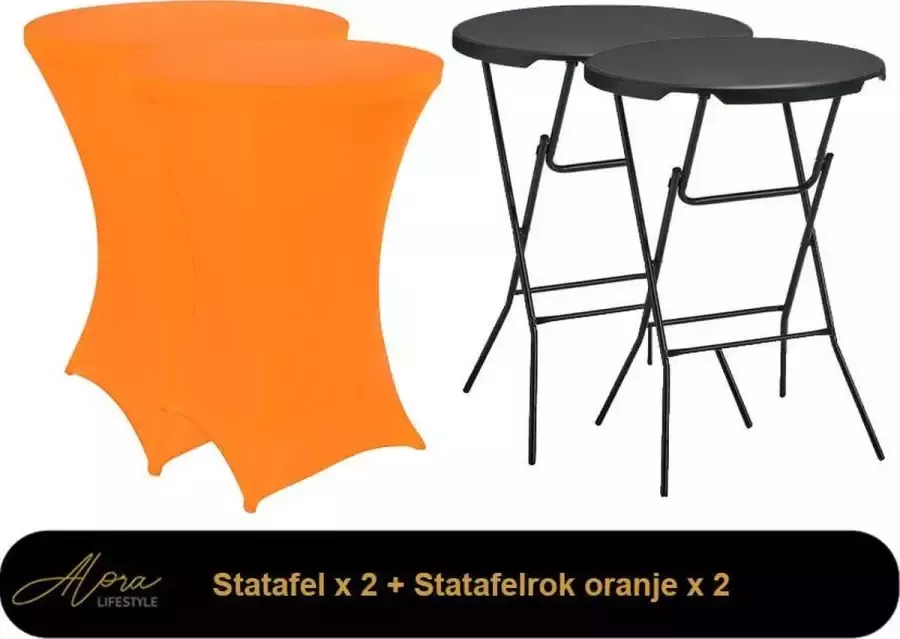 Alora 2x zwarte Statafel + oranje Statafelrok x 2 – 80 cm Dia x 110 cm hoog – Cocktailtafel – Hoge staan tafel – Breed Blad – Inclusief oranje Statafelhoes – Staantafelrok Stretch R