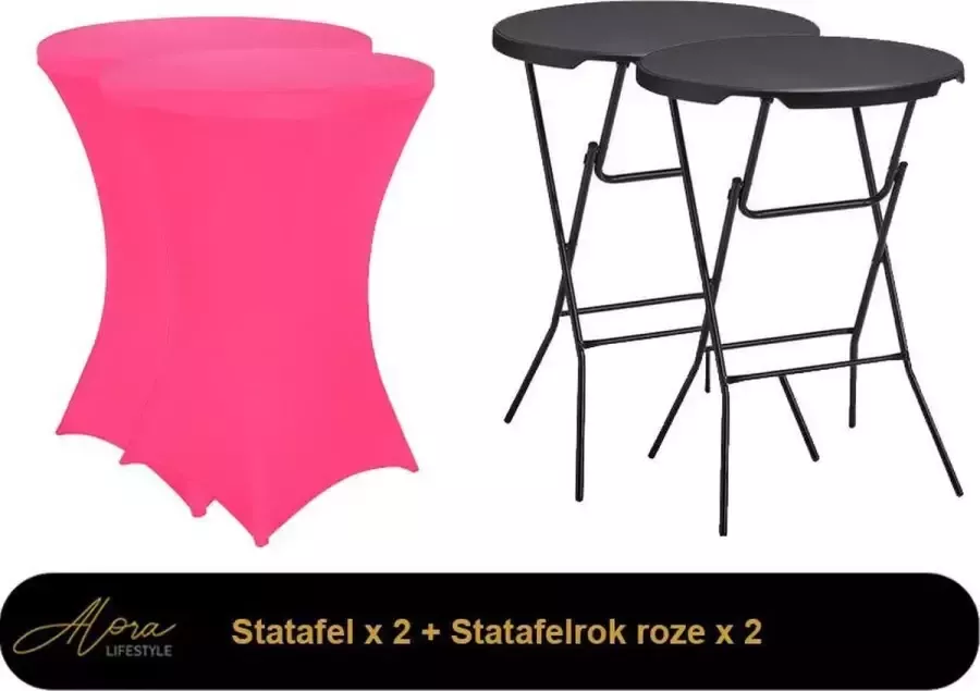 Alora 2x zwarte Statafel + roze Statafelrok x 2 – 80 cm Dia x 110 cm hoog – Cocktailtafel – Hoge staan tafel – Breed Blad – Inclusief roze Statafelhoes – Staantafelrok Stretch R