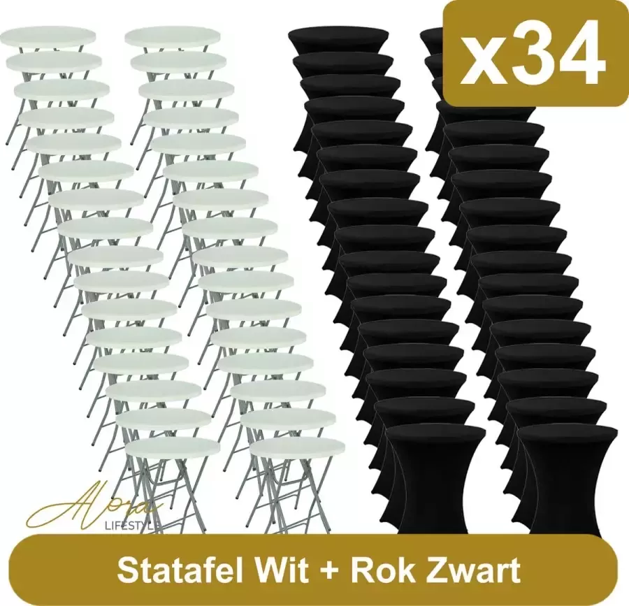 Alora 34x Witte Statafel + Zwarte Statafelrok x 34 – ø80 cm x 110 cm hoog Bruiloft Verhuur Groothandel