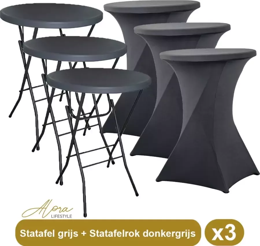 Alora 3x Grijze Statafel + Donkergrijze Statafelrok x 3 – 80 cm Dia x 110 cm hoog – Cocktailtafel – Hoge staan tafel – Breed Blad – Inclusief donkergrijze Statafelhoes – Staantafelrok Stretch Rok