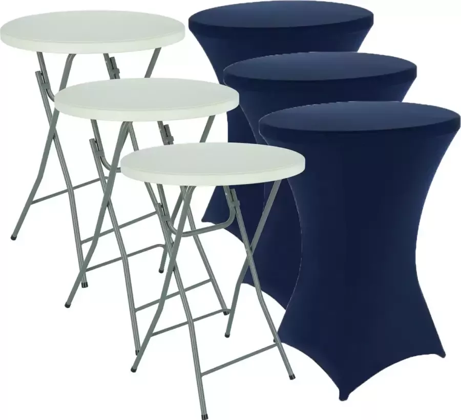 Alora 3x Statafel + Marineblauwe Statafelrok 3x – 80 cm Dia x 110 cm hoog – Cocktailtafel – Hoge staan tafel – Breed Blad – Inclusief Marineblauwe Statafelhoes – Staantafelrok Stretch R