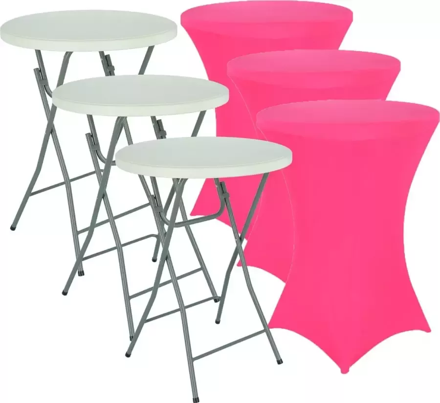Alora 3x Statafel + Roze Statafelrok 3x – 80 cm Dia x 110 cm hoog – Cocktailtafel – Hoge staan tafel – Breed Blad – Inclusief Roze Statafelhoes – Staantafelrok Stretch R