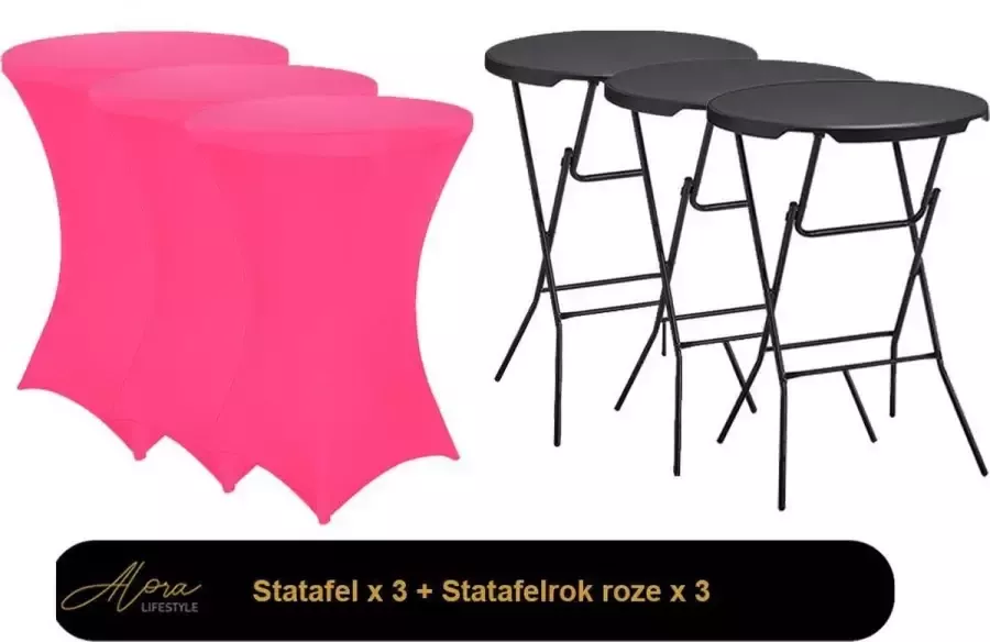 Alora 3x zwarte Statafel + roze Statafelrok x 3 – 80 cm Dia x 110 cm hoog – Cocktailtafel – Hoge staan tafel – Breed Blad – Inclusief roze Statafelhoes – Staantafelrok Stretch R