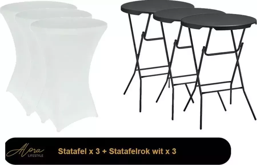 Alora 3x zwarte Statafel + witte Statafelrok x 3 – 80 cm Dia x 110 cm hoog – Cocktailtafel – Hoge staan tafel – Breed Blad – Inclusief witte Statafelhoes – Staantafelrok Stretch R