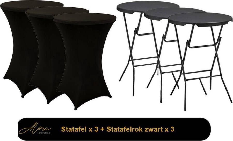 Alora 3x zwarte Statafel + zwarte Statafelrok x 3 – 80 cm Dia x 110 cm hoog – Cocktailtafel – Hoge staan tafel – Breed Blad – Inclusief zwarte Statafelhoes – Staantafelrok Stretch R