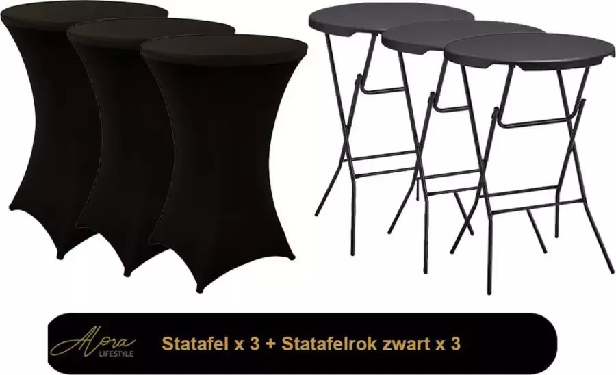 Alora 3x zwarte Statafel + zwarte Statafelrok x 3 – 80 cm Dia x 110 cm hoog Cocktailtafel Hoge staan tafel Breed Blad Inclusief zwarte Statafelhoes Staantafelrok Stretch Bartafel rond Sta tafel Horeca
