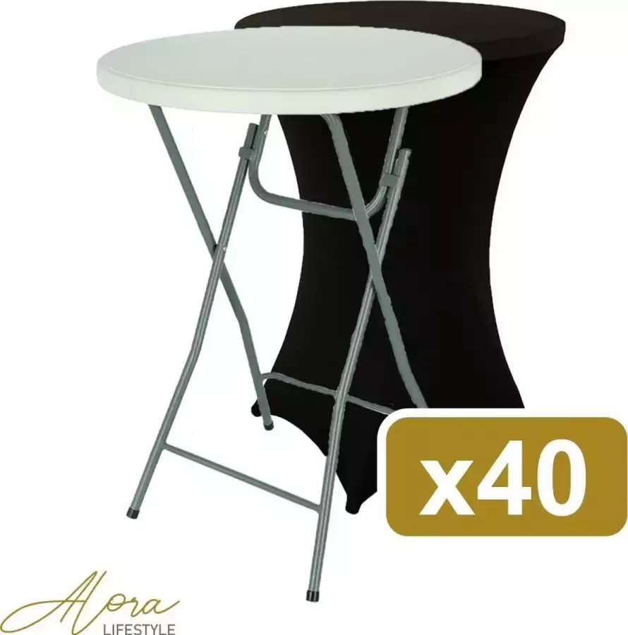 Alora 40x Statafel + 40 Zwarte Rokken Set van 40 Wit ø80x110 cm