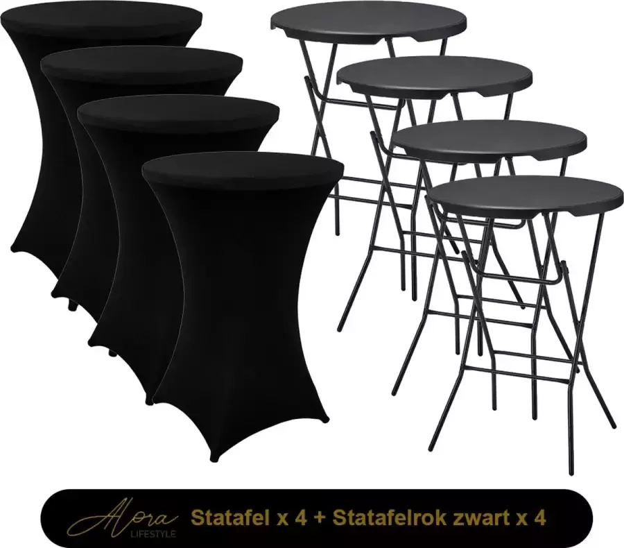 Alora 4x Zwarte Statafel + Zwarte Statafelrok x 4 – ø80 cm x 110 cm hoog Cocktailtafel Hoge staan tafel Breed Blad Inclusief zwarte Statafelhoes Staantafelrok Stretch Bartafel rond Sta tafel Horeca