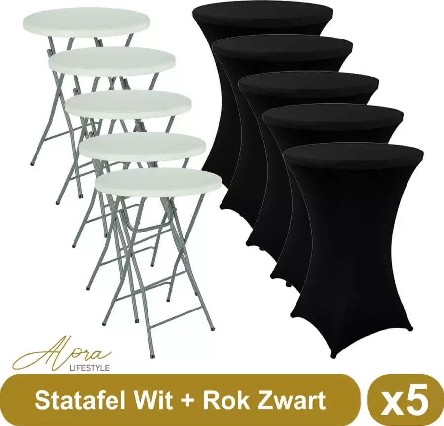 Alora 5x Witte Statafel + Zwarte Statafelrok x 5 – ø80 cm x 110 cm hoog