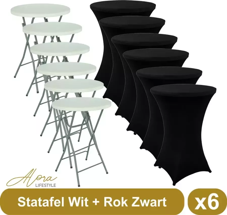 Alora 6x Witte Statafel + Zwarte Statafelrok x 6 – ø80 cm x 110 cm hoog