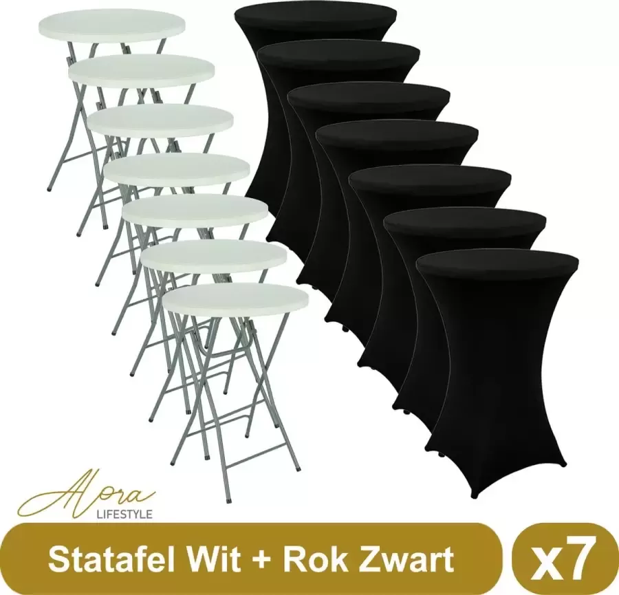 Alora 7x Witte Statafel + Zwarte Statafelrok x 7 – ø80 cm x 110 cm hoog