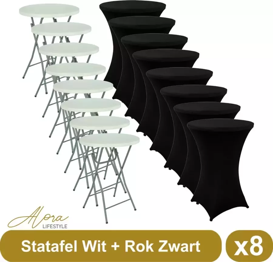 Alora 8x Witte Statafel + Zwarte Statafelrok x 8 – ø80 cm x 110 cm hoog