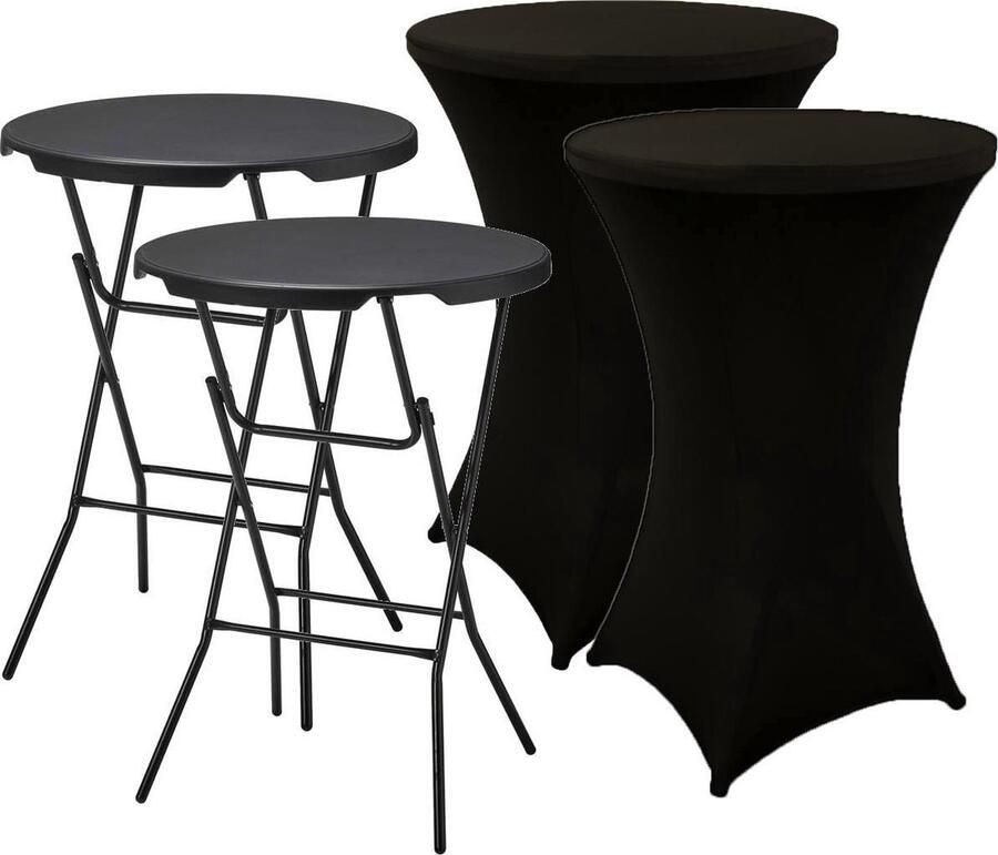 Alora 2x Statafel + Zwarte Statafelrok x 2 – 80 cm Dia x 110 cm hoog – Cocktailtafel – Hoge staan tafel – Breed Blad – Inclusief Zwarte Statafelhoes – Staantafelrok Stretch Rok – Horeca Statafel Zwart met Staantafelhoes Zwart