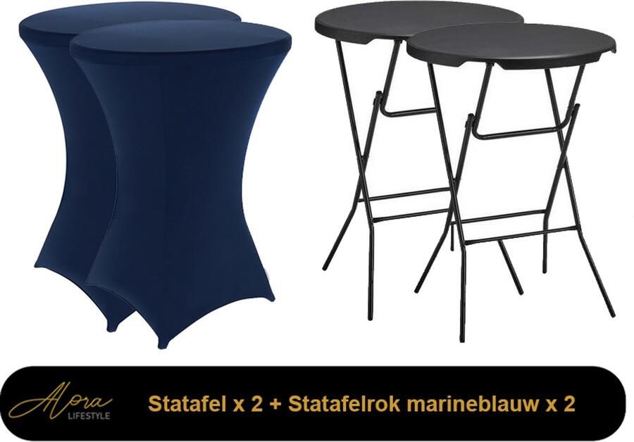 Alora 2x zwarte Statafel + Marineblauwe Statafelrok x 2 – 80 cm Dia x 110 cm hoog Cocktailtafel Hoge staan tafel Breed Blad Inclusief marineblauwe Statafelhoes Staantafelrok Stretch Bartafel rond Sta tafel Horeca