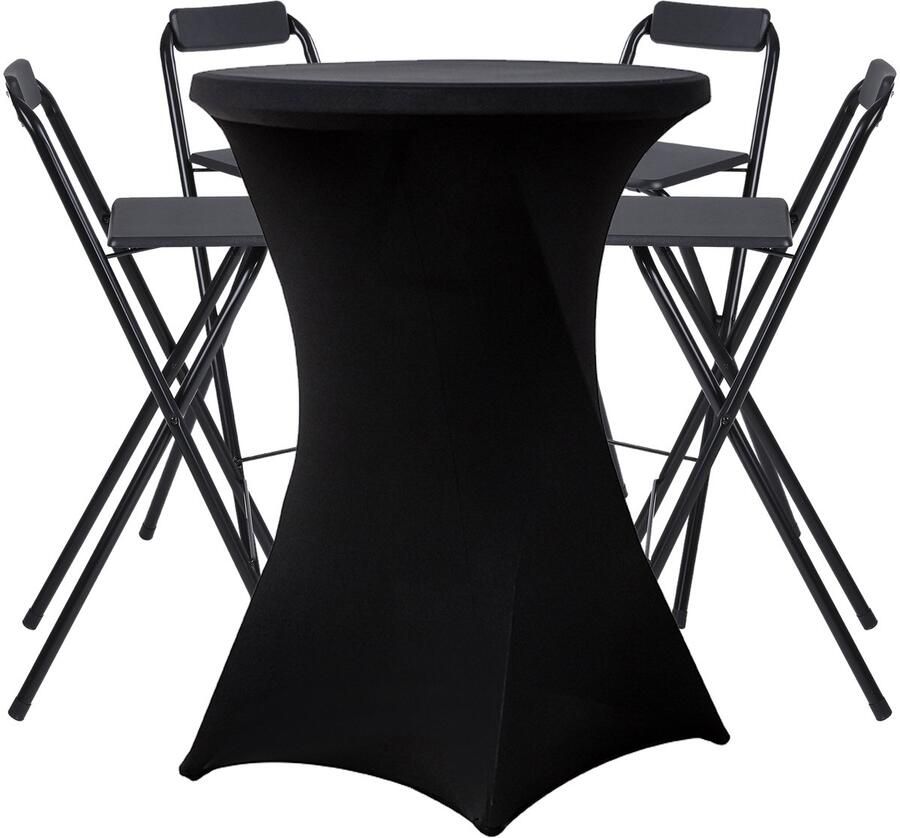 Alora 4x Inklapbare barkruk + 1x Statafel Zwart incl. zwarte rok Opklapbaar Met voetsteun Cocktailtafel Met statafelrok zwart beurs