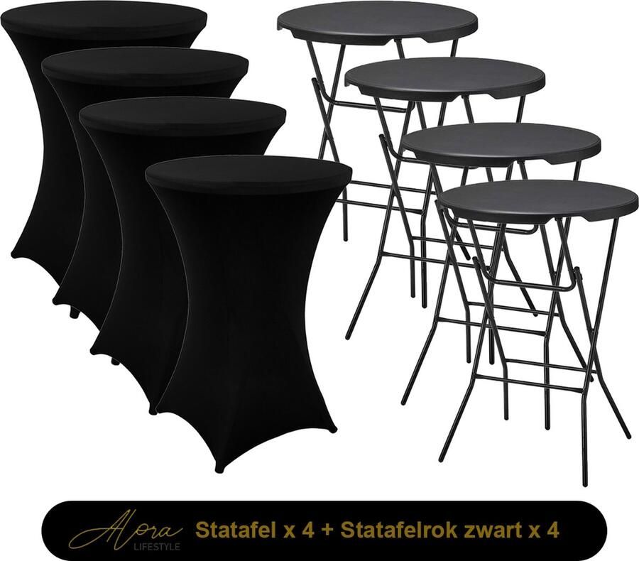 Alora 4x Zwarte Statafel + Zwarte Statafelrok x 4 – ø80 cm x 110 cm hoog Cocktailtafel Hoge staan tafel Breed Blad Inclusief zwarte Statafelhoes Staantafelrok Stretch Bartafel rond Sta tafel Horeca