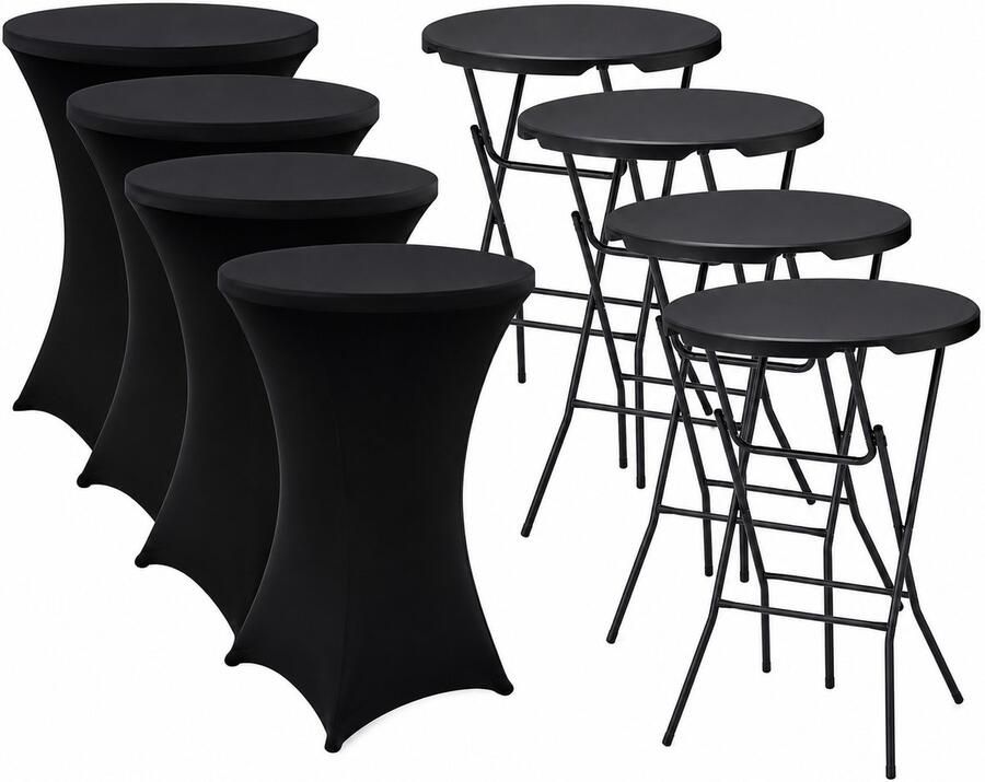 Alora 4x Zwarte Statafel + Zwarte Statafelrok x 4 – ø80 cm x 110 cm hoog Cocktailtafel Hoge staan tafel Breed Blad Inclusief zwarte Statafelhoes Staantafelrok Stretch Bartafel rond Sta tafel Horeca - Foto 2