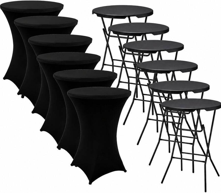 Alora 6x Zwarte Statafel + Zwarte Statafelrok x 6 – ø80 cm x 110 cm hoog Cocktailtafel Hoge staan tafel Breed Blad Inclusief zwarte Statafelhoes Staantafelrok Stretch Bartafel rond Sta tafel Horeca - Foto 2