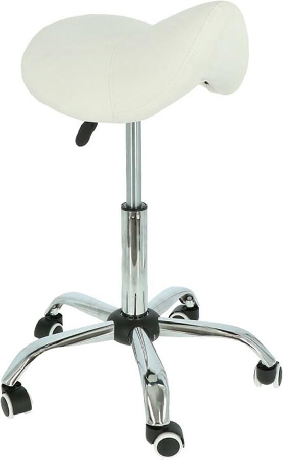 Alora zadelkruk Tabouret – Wit Chrome kruk – kapperskruk verstelbaar in hoogte ergonomisch krukje werkkruk kapperskruk ergonomische zadelkruk op wielen
